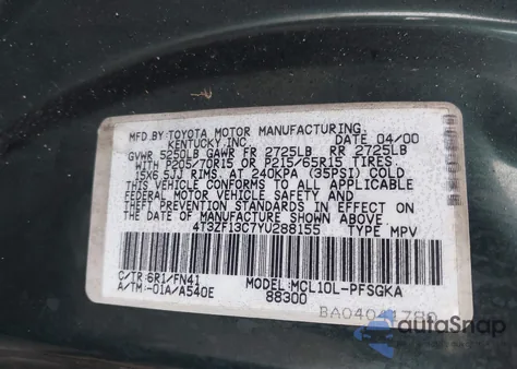 2000 Toyota Sienna Le z USA, uszkodzony, nr VIN 4T3ZF13C7YU288155